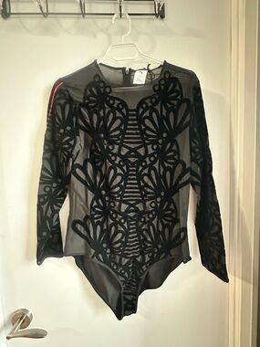Sophia Webster Black Sheer Velvet Appliqué Long-Sleeve Bodysuit